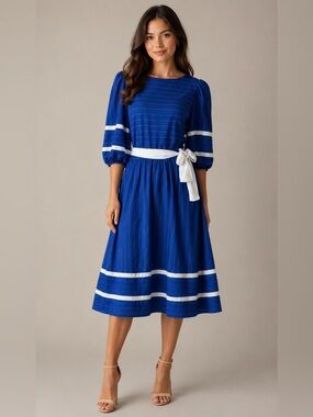 Vintage 70’s 80’s Just Ducky Blue White Striped Midi Dress 18 L XL